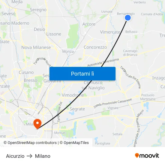Aicurzio to Milano map