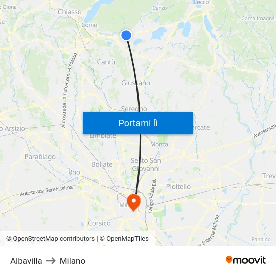 Albavilla to Milano map