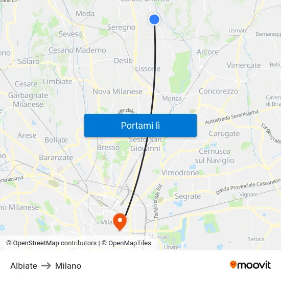 Albiate to Milano map