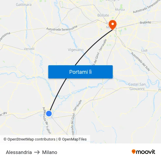 Alessandria to Milano map