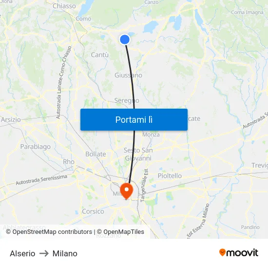 Alserio to Milano map