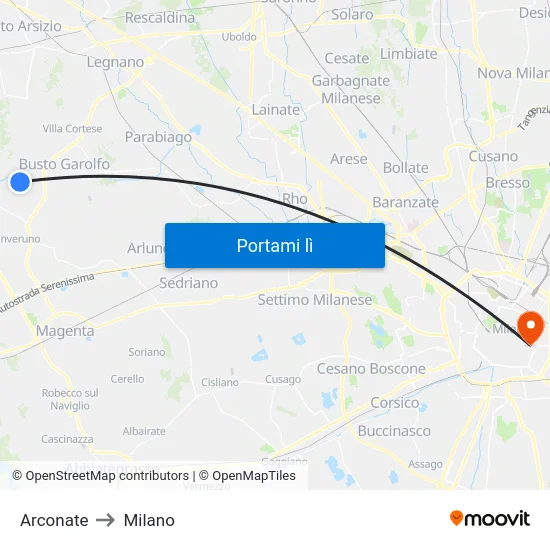 Arconate to Milano map