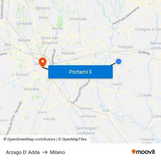 Arzago D' Adda to Milano map