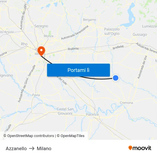 Azzanello to Milano map