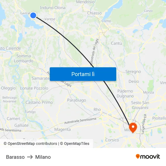 Barasso to Milano map