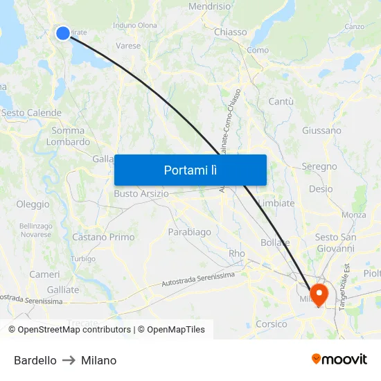 Bardello to Milano map