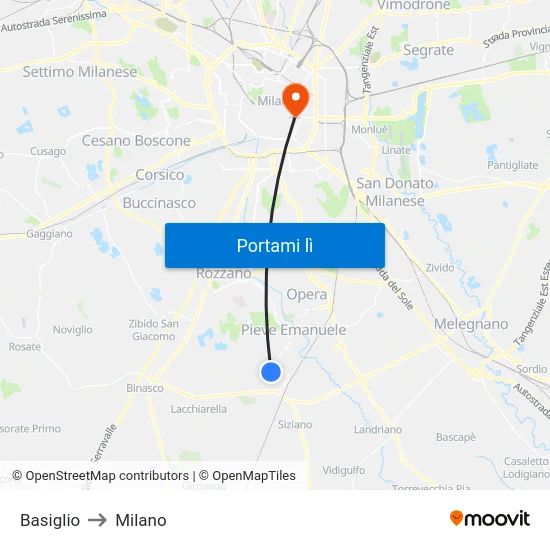 Basiglio to Milano map