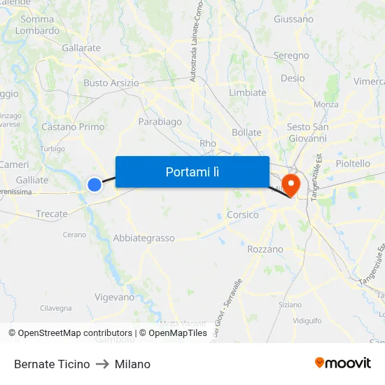Bernate Ticino to Milano map