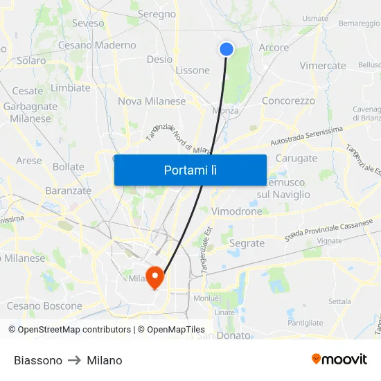 Biassono to Milano map