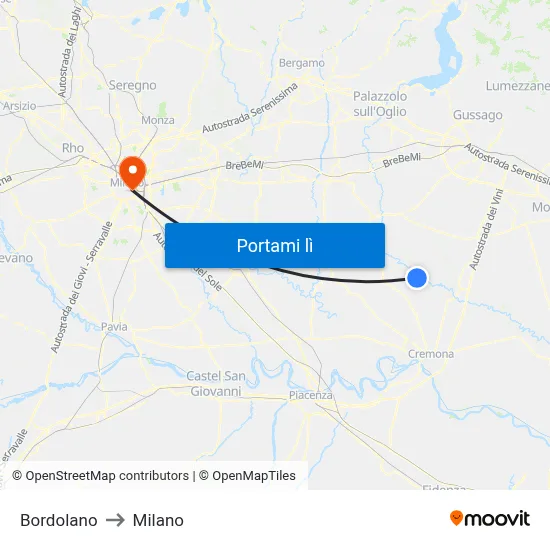 Bordolano to Milano map