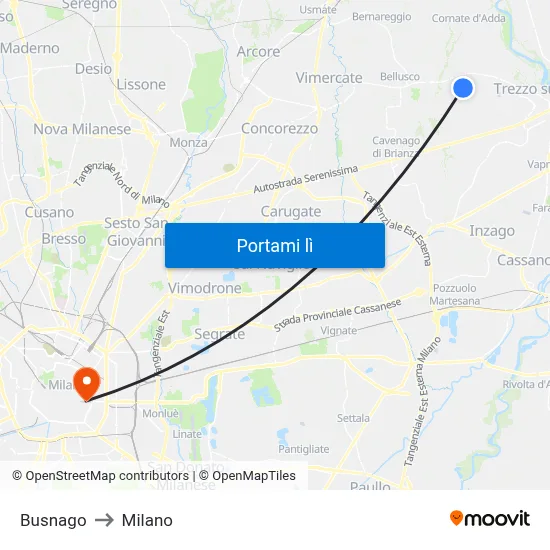 Busnago to Milano map