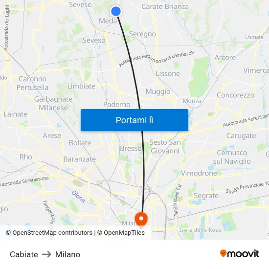 Cabiate to Milano map