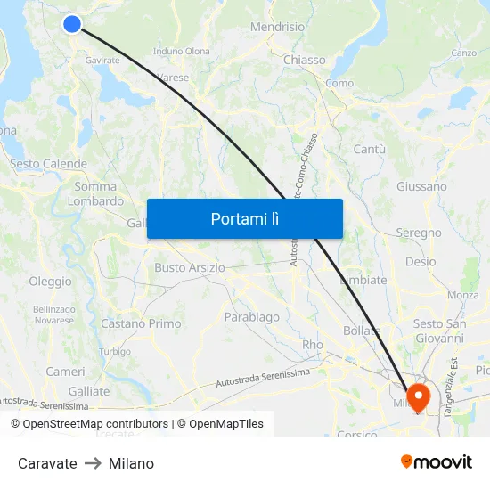 Caravate to Milano map