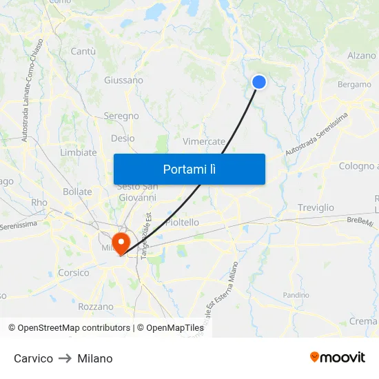 Carvico to Milano map