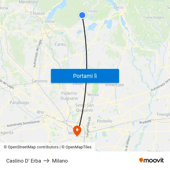 Caslino D' Erba to Milano map