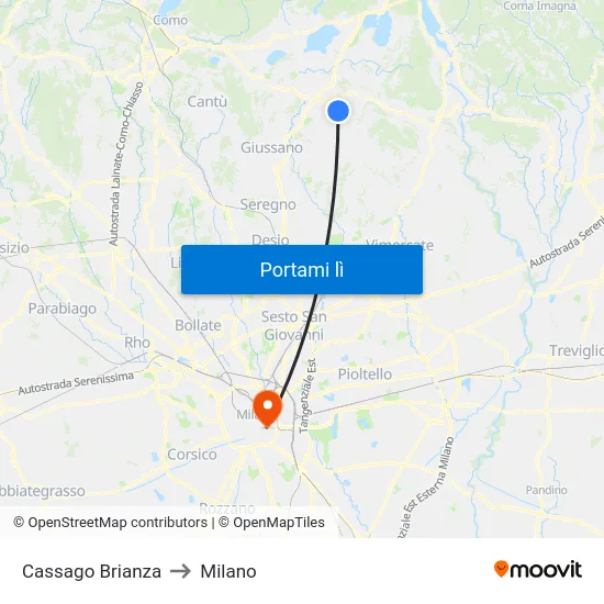 Cassago Brianza to Milano map