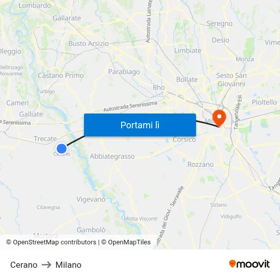 Cerano to Milano map