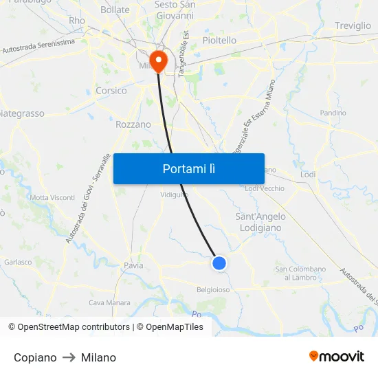 Copiano to Milano map
