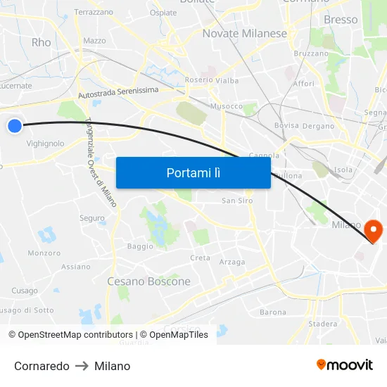 Cornaredo to Milano map