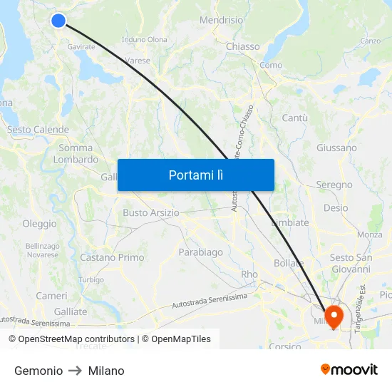 Gemonio to Milano map