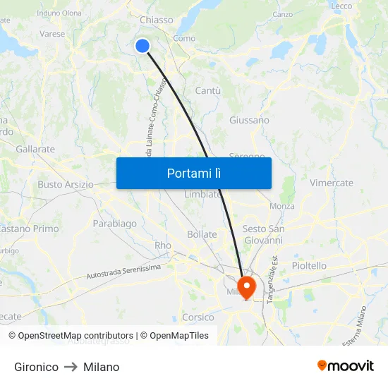 Gironico to Milano map