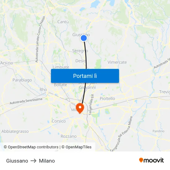 Giussano to Milano map