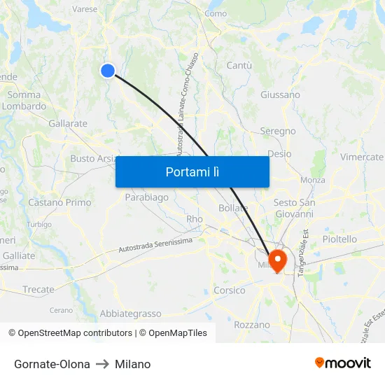 Gornate-Olona to Milano map