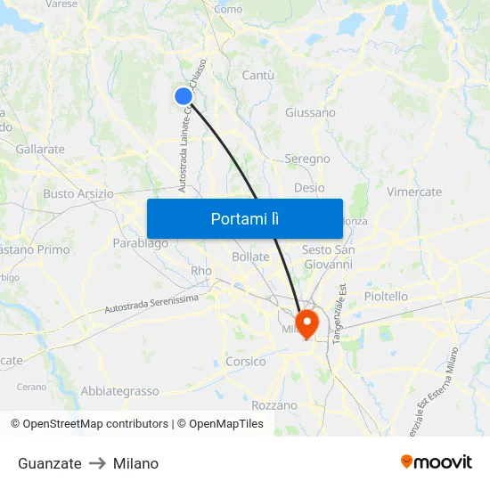 Guanzate to Milano map