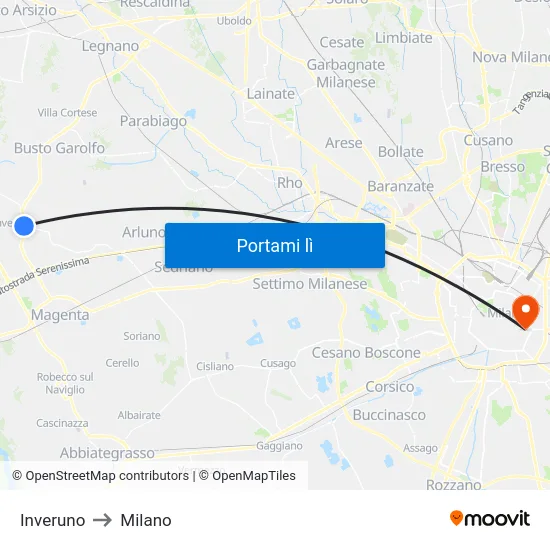 Inveruno to Milano map