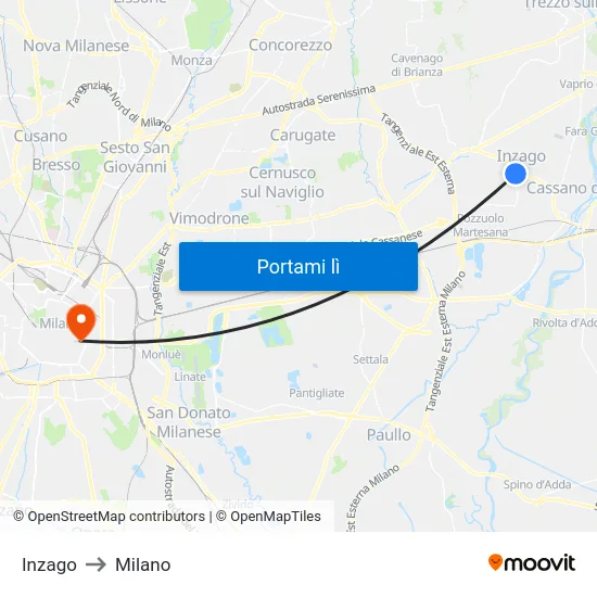 Inzago to Milano map
