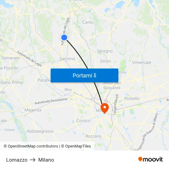 Lomazzo to Milano map