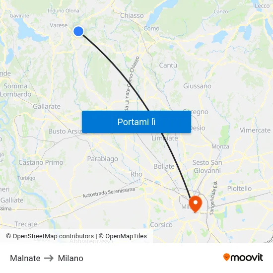 Malnate to Milano map