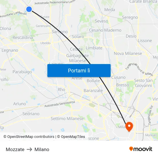 Mozzate to Milano map