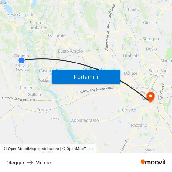 Oleggio to Milano map