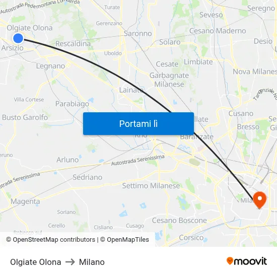 Olgiate Olona to Milano map