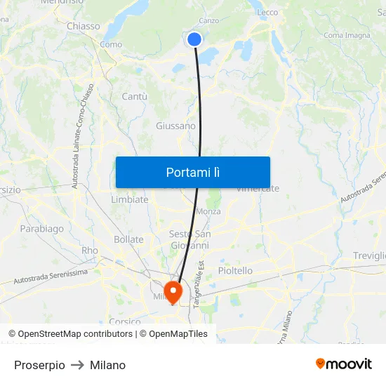 Proserpio to Milano map