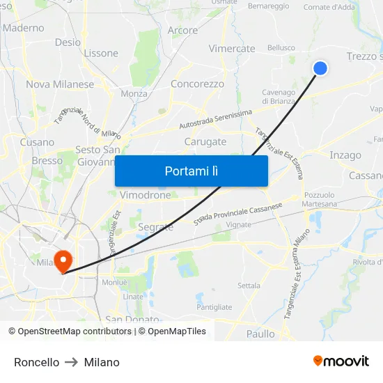 Roncello to Milano map