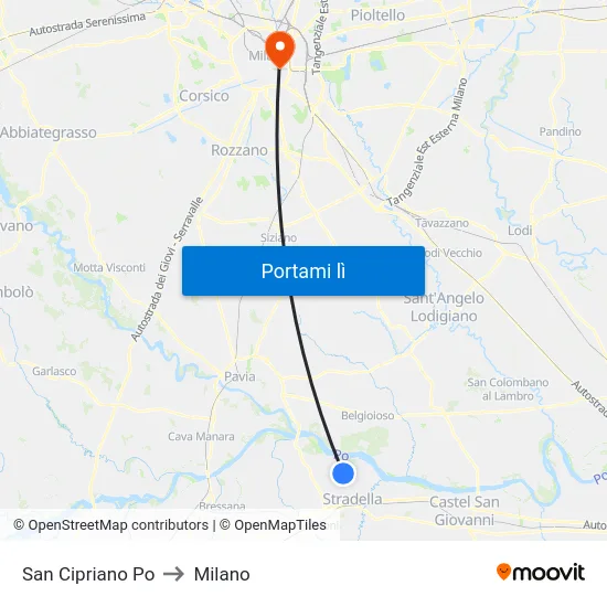 San Cipriano Po to Milano map