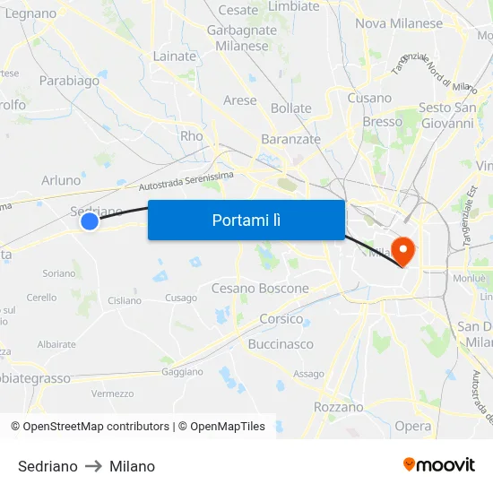 Sedriano to Milano map