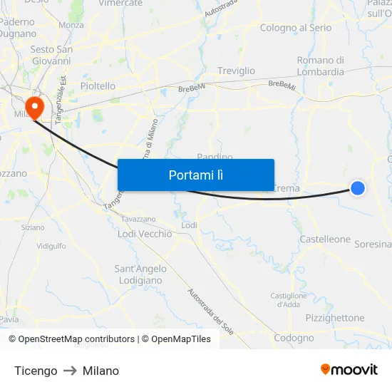 Ticengo to Milano map
