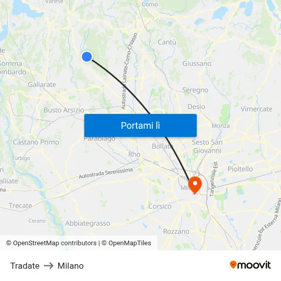 Tradate to Milano map