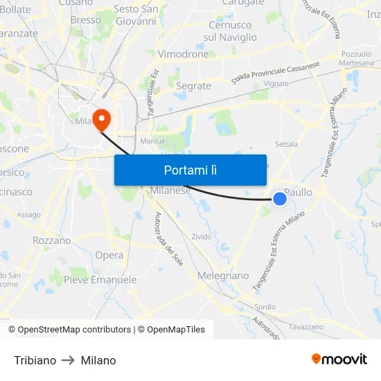 Tribiano to Milano map
