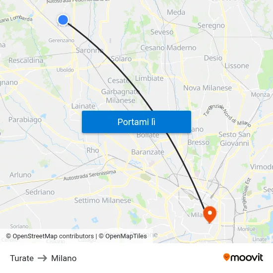 Turate to Milano map