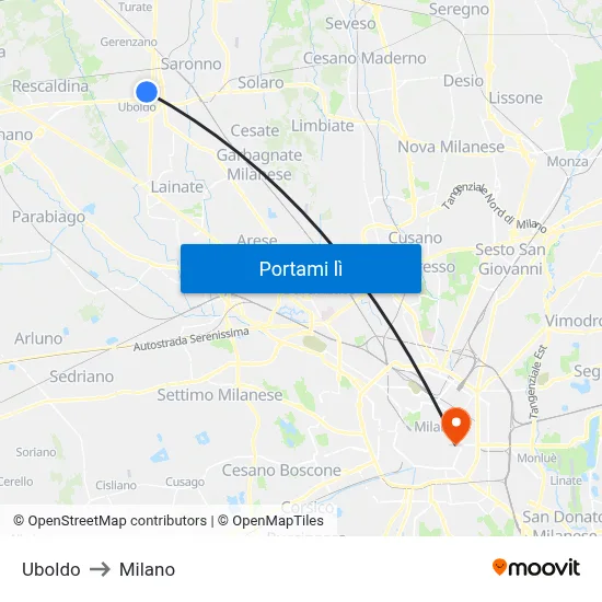 Uboldo to Milano map