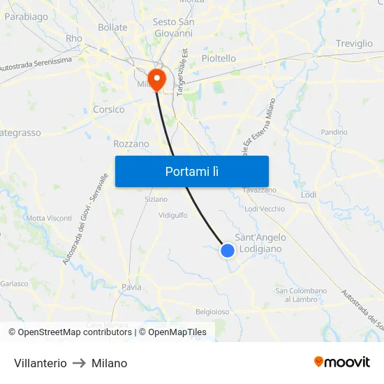Villanterio to Milano map