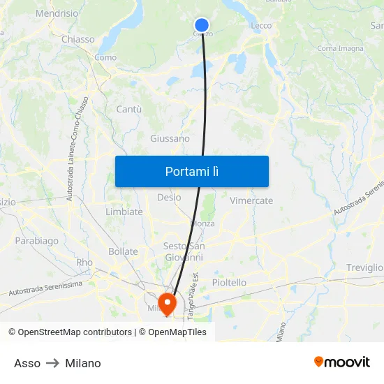 Asso to Milano map