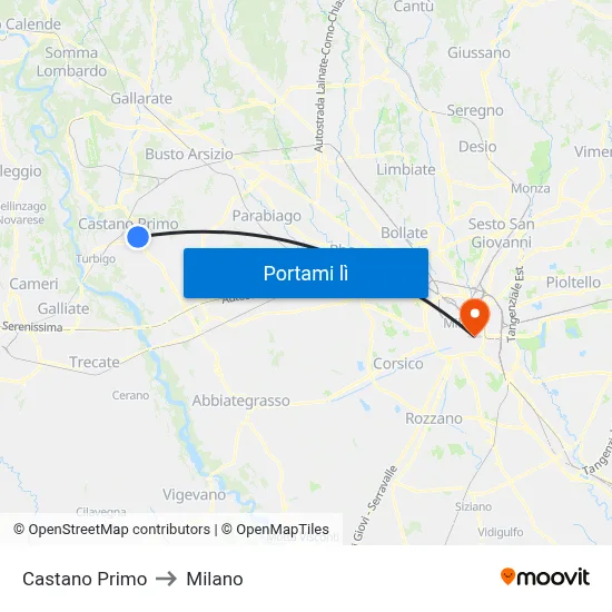Castano Primo to Milano map