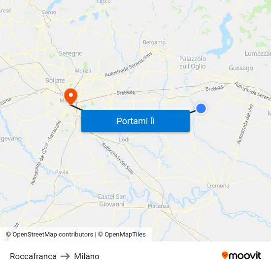 Roccafranca to Milano map