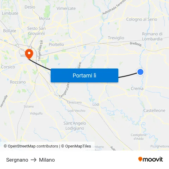 Sergnano to Milano map