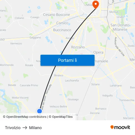 Trivolzio to Milano map